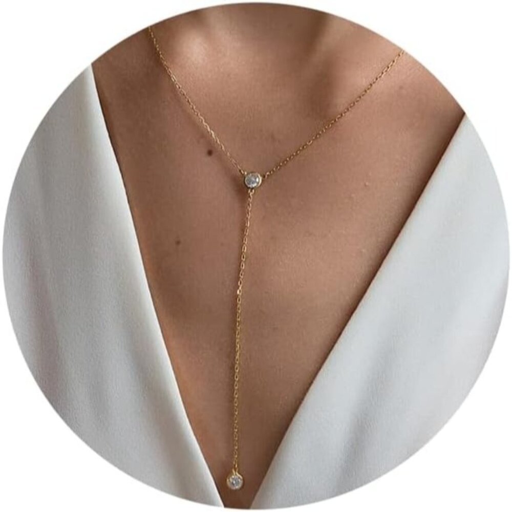 Women Dainty Gold Necklace 14k Gold Plated Long Lariat Necklace Simple Gold CZ